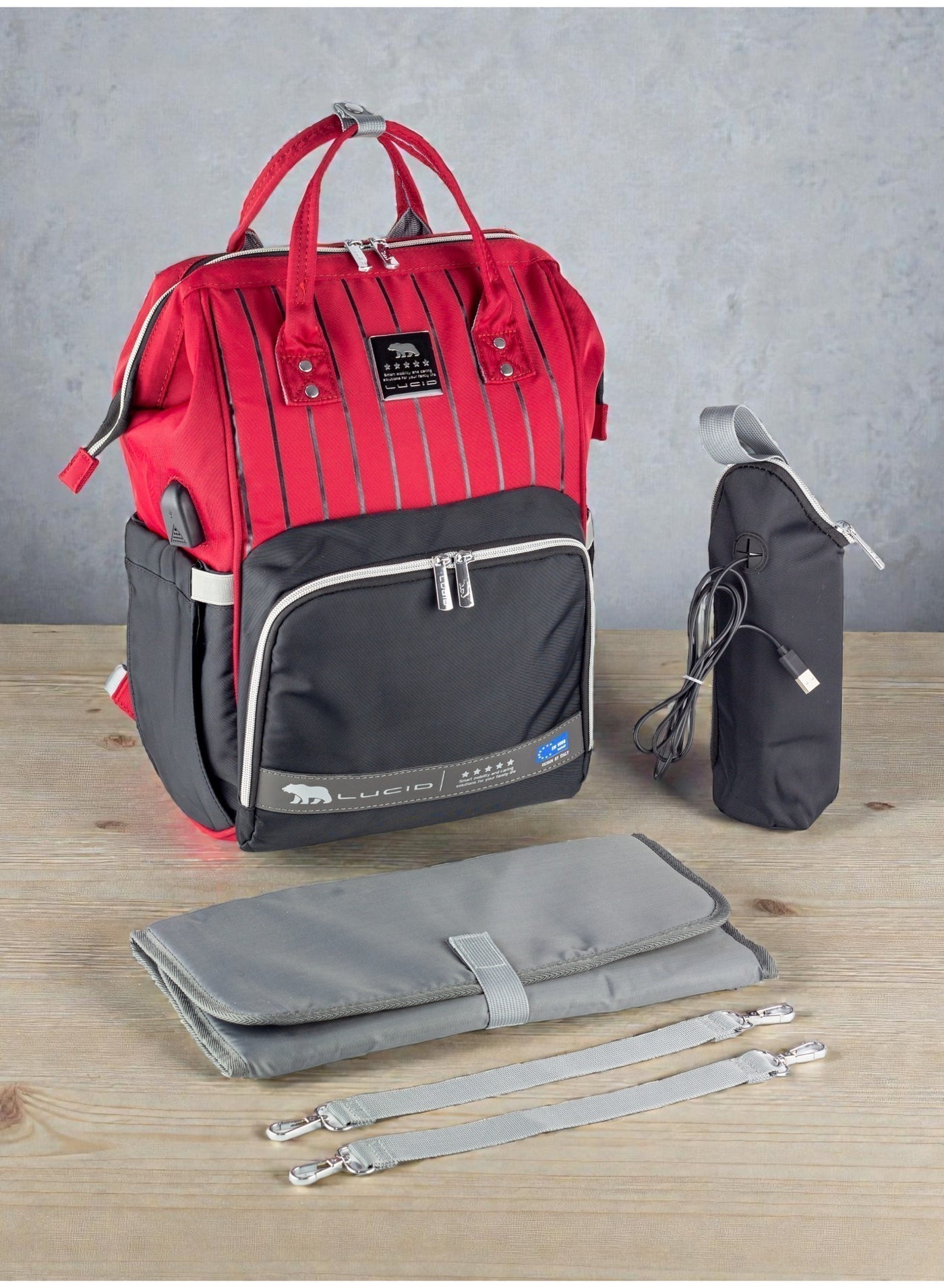Custom LUCID USB Charging Multifunctional Waterproof Backpack Diaper Bag for Baby- Red.